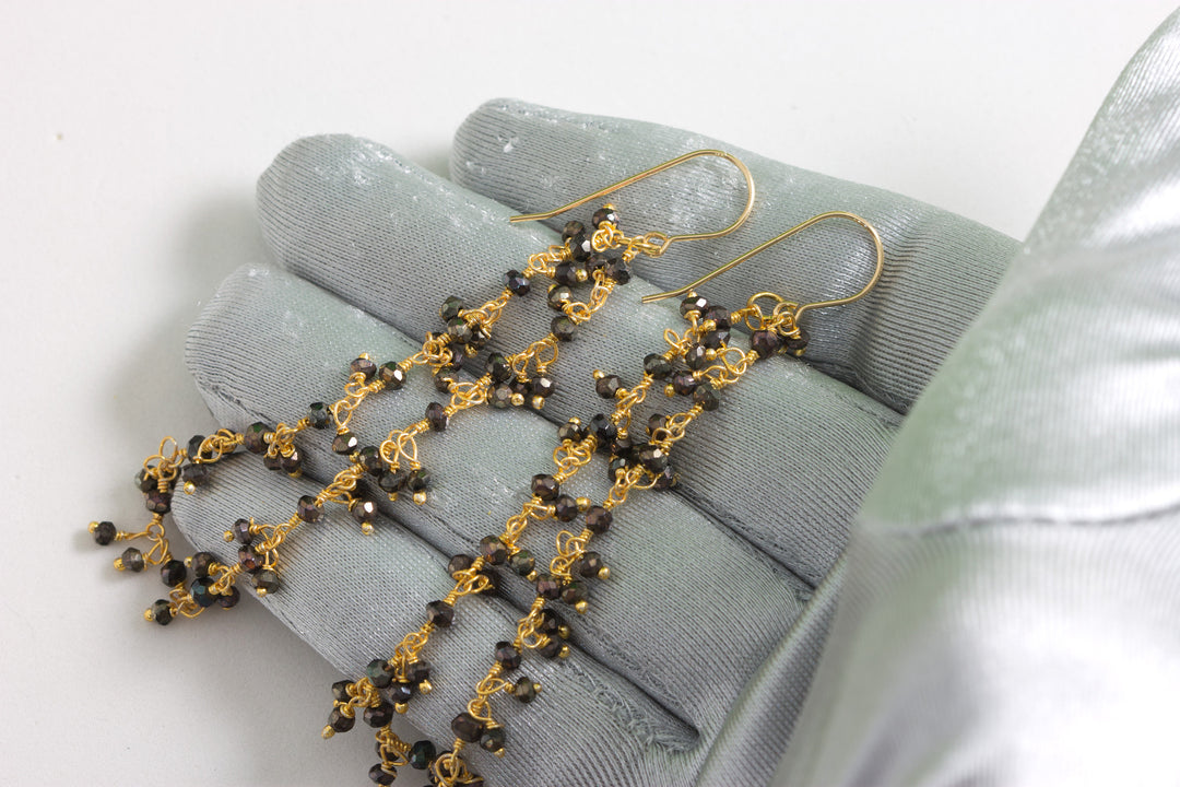 Black Spinel Earrings 14k Solid Gold or Filled Cluster Style Faceted Long 2.5 Inches Chandelier Long Movement Spyglass Designs