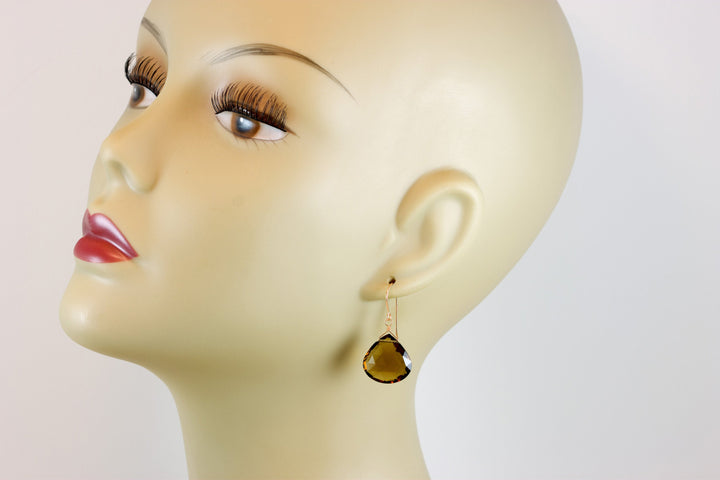 Whiskey Cognac Smoky Quartz Earrings Large Heart Sterling Silver or 14k Solid Gold or Yellow or Rose Filled Teardrop Natural Classic Drops