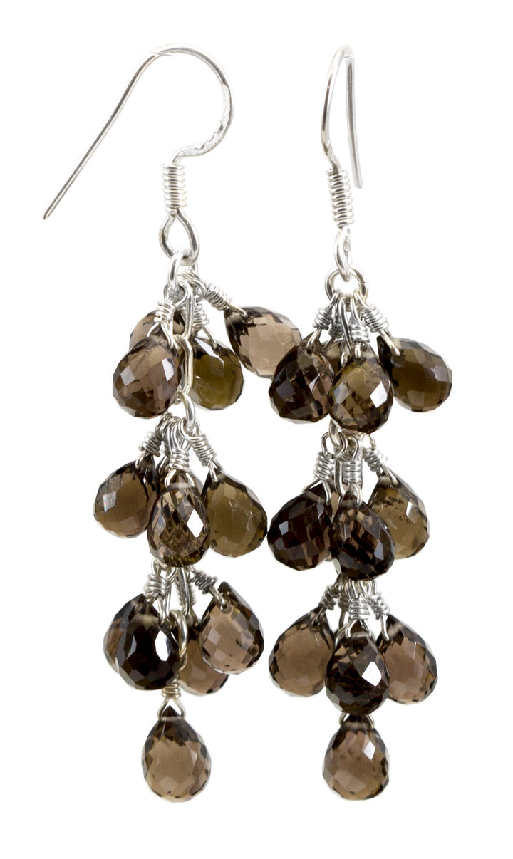 Smoky Grey Quartz Earrings Cluster Style Sterling Silver or 14k Solid Gold Micro Faceted Briolettes Chandelier Natural Smokey 2 Inch Long