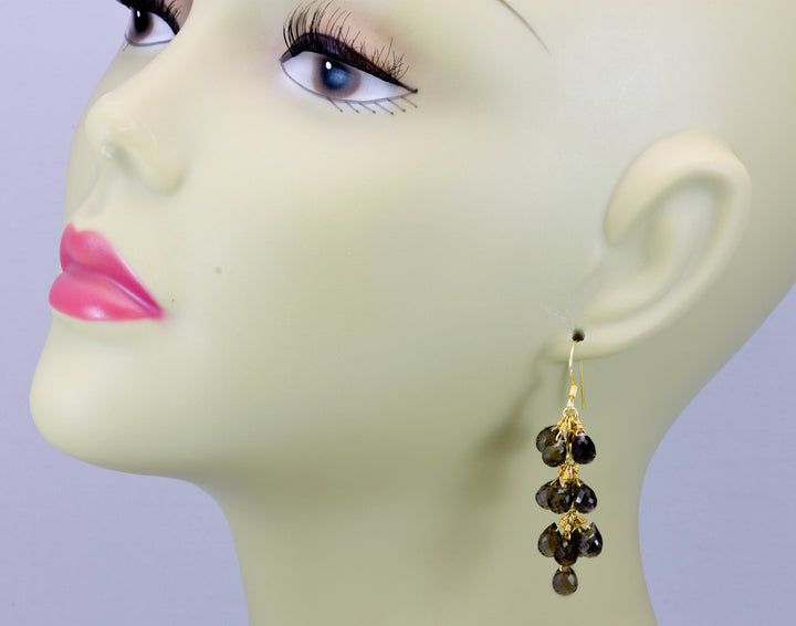 Smoky Grey Quartz Earrings Cluster Style Sterling Silver or 14k Solid Gold Micro Faceted Briolettes Chandelier Natural Smokey 2 Inch Long