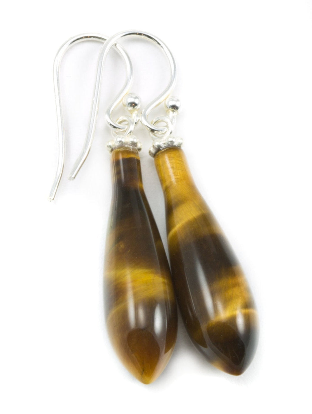 Tiger's Eye Earrings Smooth Long Teardrop dangle drops Sterling Silver or 14k Solid Gold or Filled Natural Tiger eye Round Beaded Accents