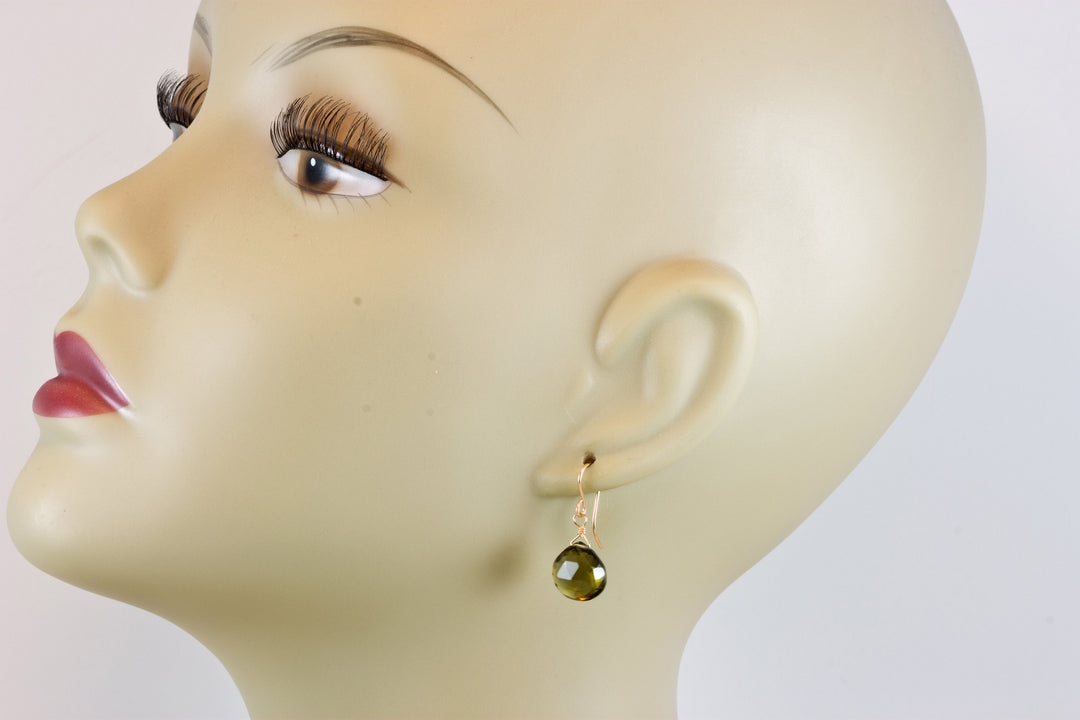 Green Olive Quartz Earrings Heart Briolette Smoky Drops 14k Solid Gold or Yellow or Rose Filled or Sterling Silver Faceted Lightweight