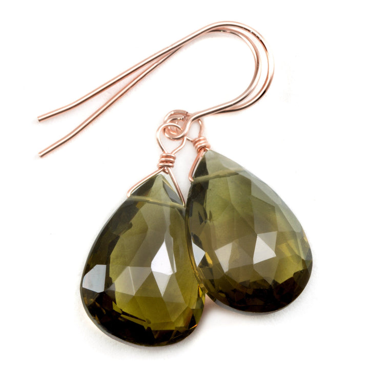 Green Olive Smoky Quartz Earrings Teardrop Fat Extra Large Long Natural Smokey 14k Solid Gold or Yellow or Rose Filled or Sterling Silver