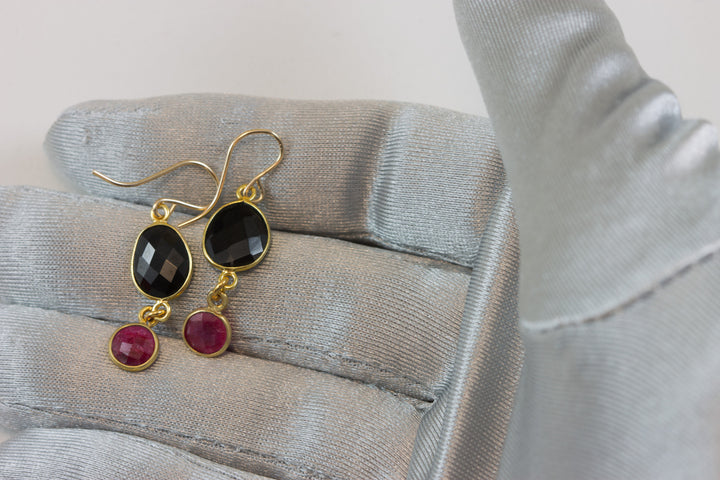 Black Spinel Red Ruby Earrings Bezel Faceted Large Teardrop 14k Solid Yellow Gold or Filled Double natural drops Spyglass Designs