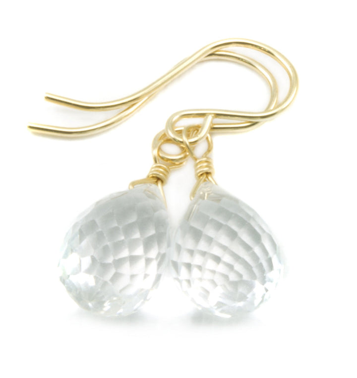 Topaz Earrings Rounded Briolette Teardrop Dangle faceted Sterling Silver or 14k Solid Gold or Filled Clear Simple Drops Spyglass Design