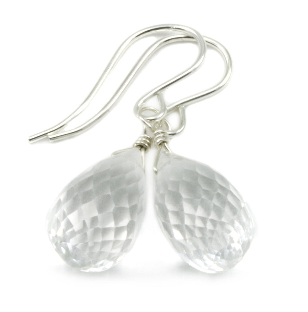 Topaz Earrings Rounded Briolette Teardrop Dangle faceted Sterling Silver or 14k Solid Gold or Filled Clear Simple Drops Spyglass Design