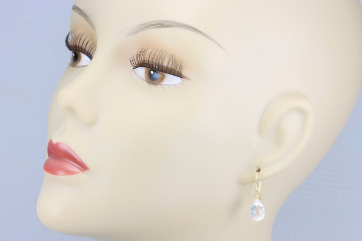 Topaz Earrings Rounded Briolette Teardrop Dangle faceted Sterling Silver or 14k Solid Gold or Filled Clear Simple Drops Spyglass Design