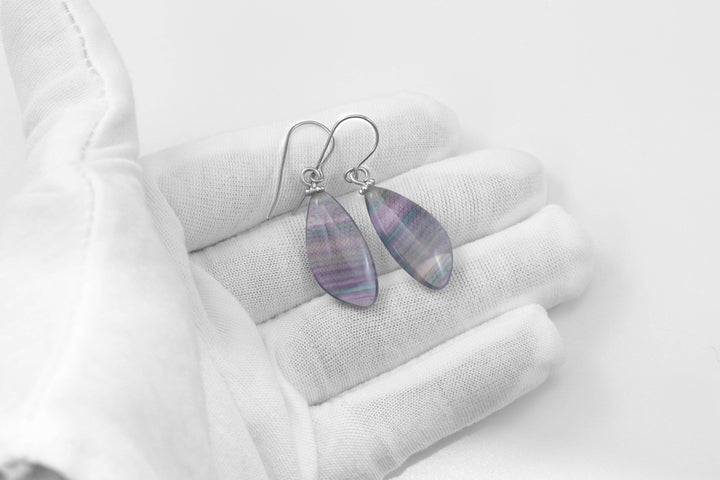Fluorite Earrings Smooth Teardrop Sterling Silver or 14k solid gold or filled Flourite Natural Purple Striped Curved Teal Purple Green Drops