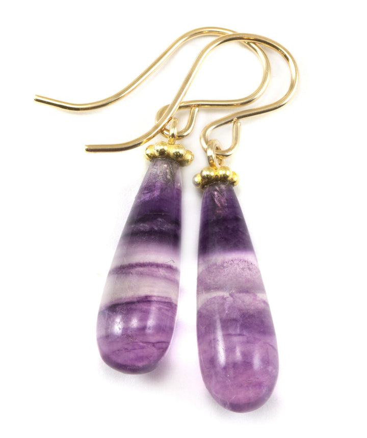 Fluorite Earrings Sterling Silver or 14k solid gold or filled Purple Striped  Smooth Teardrop  Flourite Spyglass Designs Simple Dainty Drops