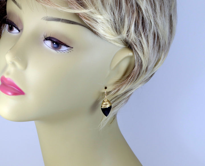 Black Onyx Earrings Sterling Silver or 14k Solid Gold or Filled Smooth Pointed Faceted Messy Wire Wrapped Drops Spyglass Designs