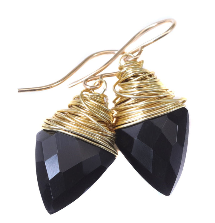 Black Onyx Earrings Sterling Silver or 14k Solid Gold or Filled Smooth Pointed Faceted Messy Wire Wrapped Drops Spyglass Designs