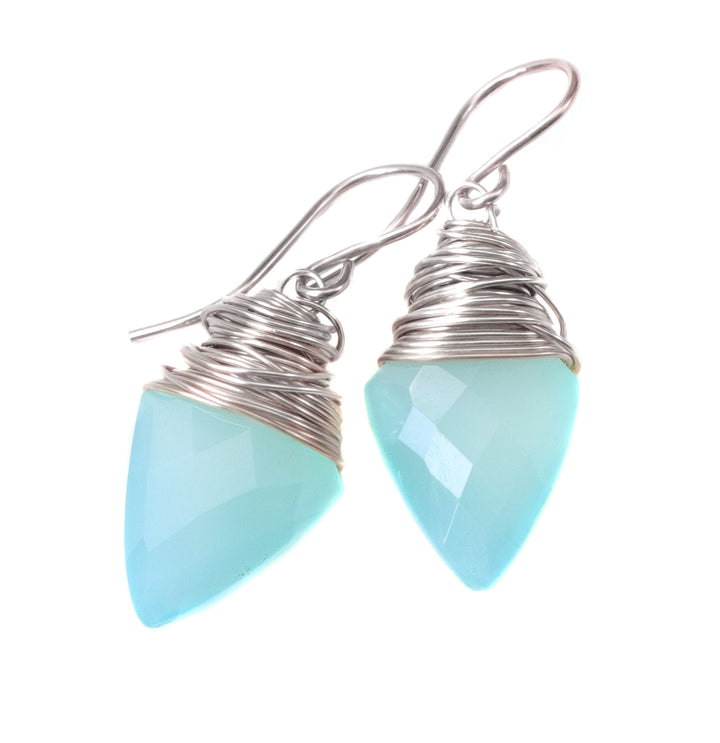 Aqua Blue Chalcedony Earrings 14k Solid Gold or Yellow or Rose Filled or Sterling Silver Teardrop Pointed Faceted Wire Wrapped Dangles