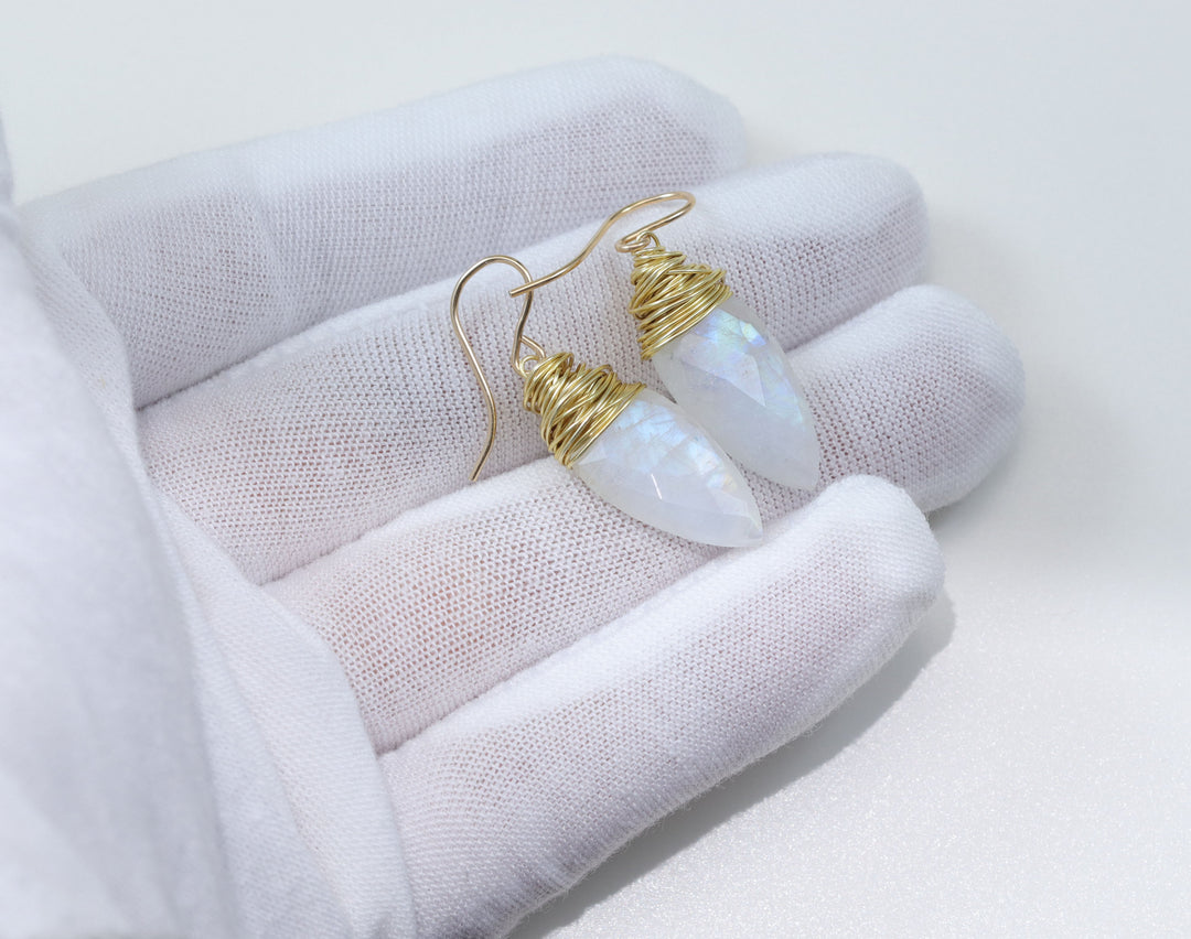 Rainbow Blue Moonstone Earrings 14k Solid Gold or Yellow or Rose Filled or Sterling Silver Faceted Wire Wrapped Teardrop Briolette Drops