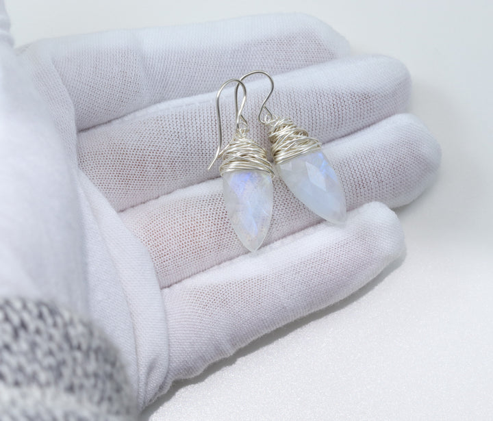 Rainbow Blue Moonstone Earrings 14k Solid Gold or Yellow or Rose Filled or Sterling Silver Faceted Wire Wrapped Teardrop Briolette Drops