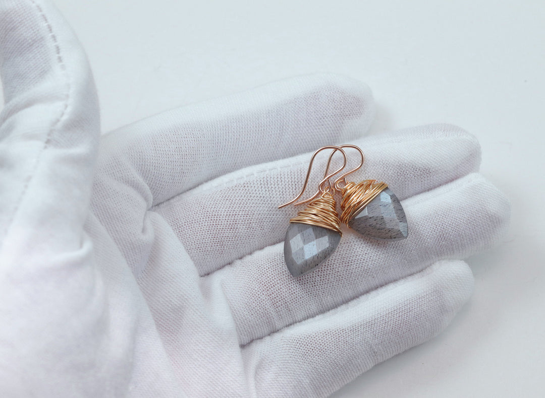 Gray Moonstone Earrings 14k Solid Gold or Yellow or Rose Filled or Sterling Silver Faceted Wire Wrapped  Grey Teardrop Briolette Drops