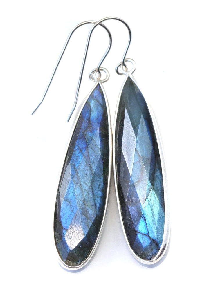 Labradorite Earrings Natural Faceted Long 2 Inches Sterling Silver Bezel Setting Teardrops Drops Blue Flash High Quality Stones Spyglass