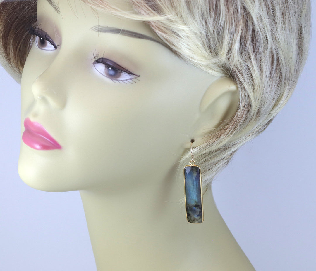 Labradorite Earrings Natural Faceted Long 2 Inches 14k Solid Gold or Filled orSterling Silver Bezel Rectangle drops Blue Flash Spyglass
