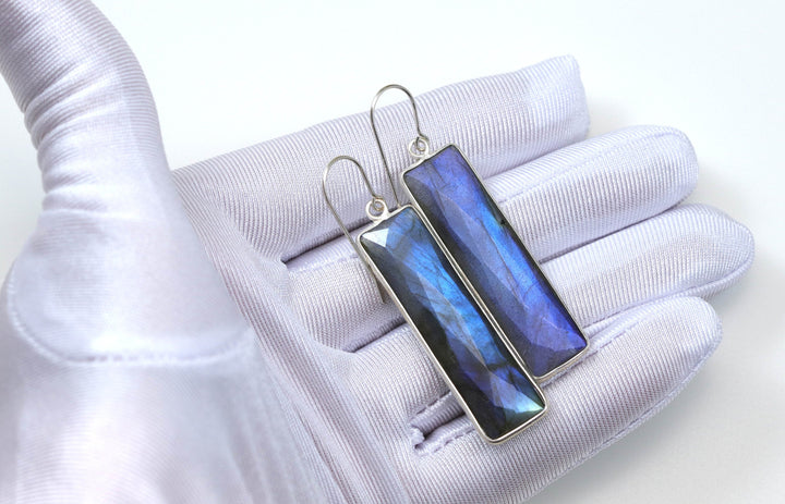 Labradorite Earrings Natural Faceted Long 2 Inches 14k Solid Gold or Filled orSterling Silver Bezel Rectangle drops Blue Flash Spyglass