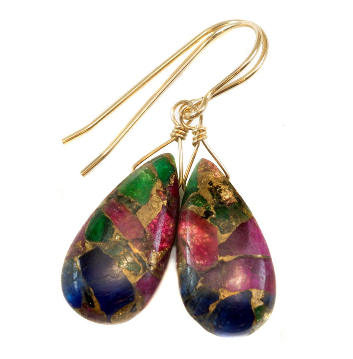 Mosaic Quartz Earrings Smooth Large Teardrop Dangle 14k Solid Gold or Filled or Sterling Silver Blue Red Green Copper Drops Simple Colorful