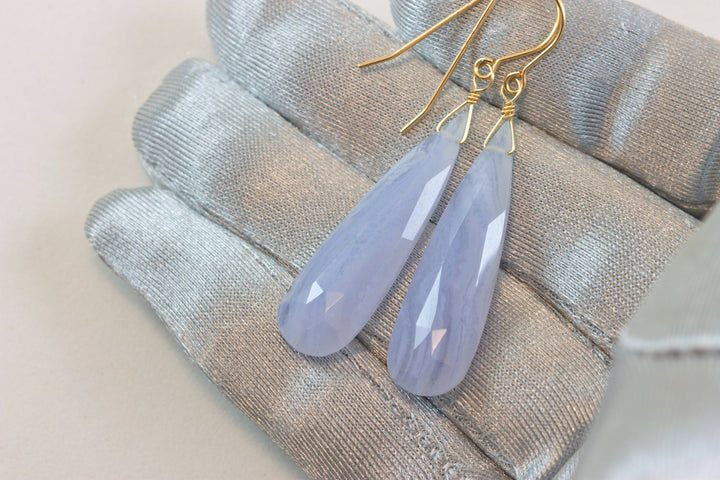 Blue Lace Agate Earrings 14k solid gold or filled or Sterling Silver Smooth Long Dangle Drops Natural Banding Soft blue Simple Drops 2.3 In