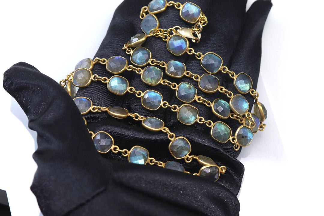 Labradorite Necklace  Bezel Set Square Shaped Faceted Cut  Link 14k Gold Plate Necklace 24 Inch AAA Blue Flash Cut Contemporary Design