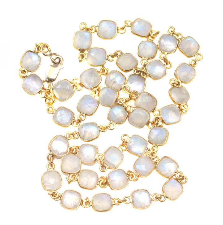 Moonstone Necklace Faceted Rainbow Blue  14k Yellow Gold Filled 24 Inch Bezel Chain Large Classic Natural Spyglass Designs