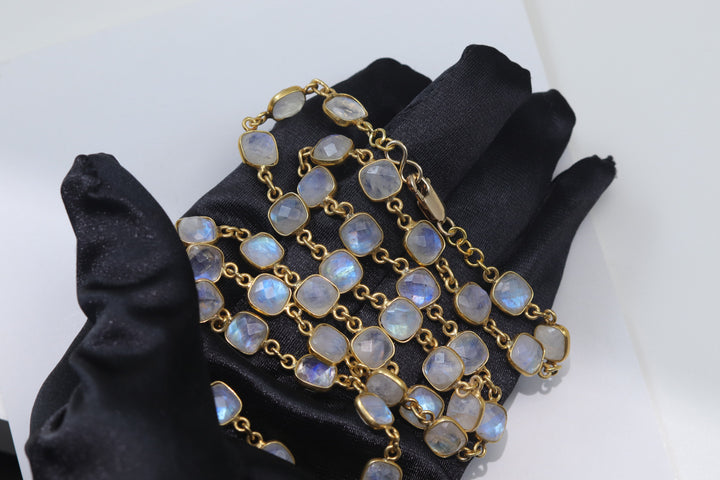 Moonstone Necklace Faceted Rainbow Blue  14k Yellow Gold Filled 24 Inch Bezel Chain Large Classic Natural Spyglass Designs