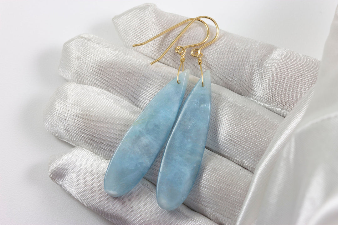 Aquamarine Earrings Aqua Blue Natural Smooth Long Large Dangle 14k Solid Gold or Filled or Sterling Silver Classic Simple Clean 2.5 In Drops