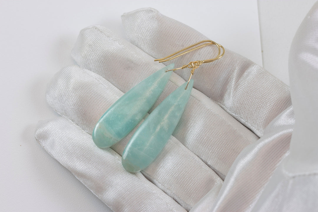 Amazonite Earrings Blue Aqua Smooth Finish Long Teardrop Briolette Sterling Silver or 14k Solid Gold or Filled Pale Soft Blue  2.3"