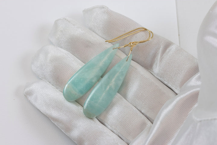 Amazonite Earrings Blue Aqua Smooth Finish Long Teardrop Briolette Sterling Silver or 14k Solid Gold or Filled Pale Soft Blue  2.3"