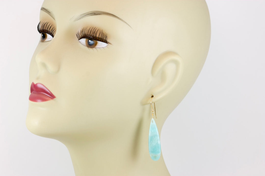 Amazonite Earrings Blue Aqua Smooth Finish Long Teardrop Briolette Sterling Silver or 14k Solid Gold or Filled Pale Soft Blue  2.3"