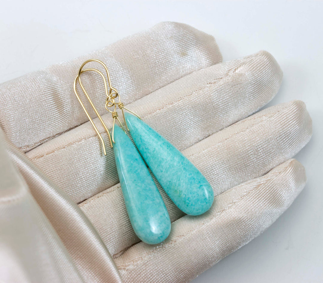 Amazonite Earrings Blue Aqua Smooth Finish Long Teardrop Briolette Sterling Silver or 14k Solid Gold or Filled Pale Soft Blue  2 Inch