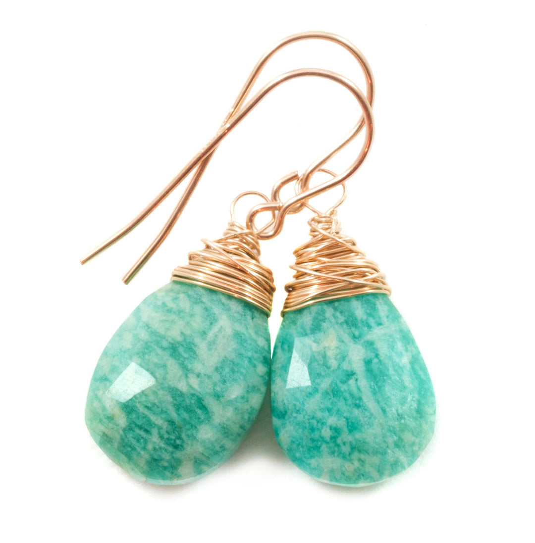 Amazonite Earrings Blue Green Faceted Sterling Silver or 14k Solid Gold or Rose Gold Filled Natural Pear Messy Wire Wrapped Soft Teal color