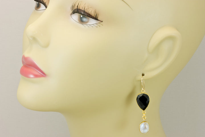 Black Spinel Earrings Bezel Set Faceted Teardrop 14k solid Gold or Filled French Earwire Large Double Hung Simple Drops Natural Moonstones