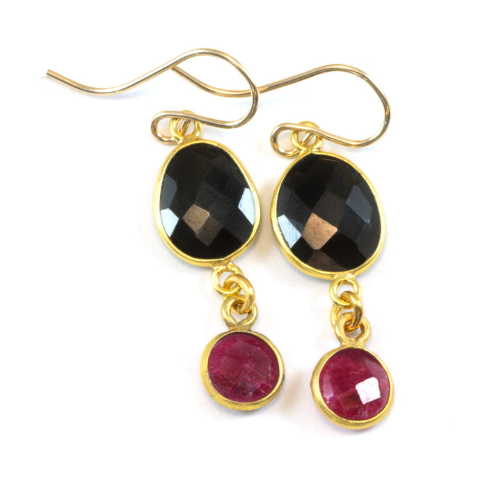 Black Spinel Red Ruby Earrings Bezel Faceted Large Teardrop 14k Solid Yellow Gold or Filled Double natural drops Spyglass Designs