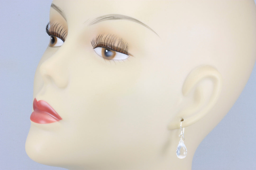 Topaz Earrings Rounded Briolette Teardrop Dangle faceted Sterling Silver or 14k Solid Gold or Filled Clear Simple Drops Spyglass Design