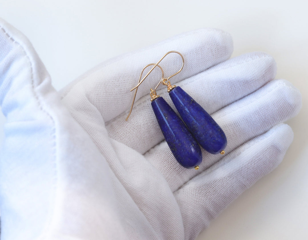 Lapis Lazuli Earrings Natural Smooth Long Teardrop Dangle 14k solid gold or 14k Gold Filled Sterling Silver Rounded Spyglass Designs Pyrite