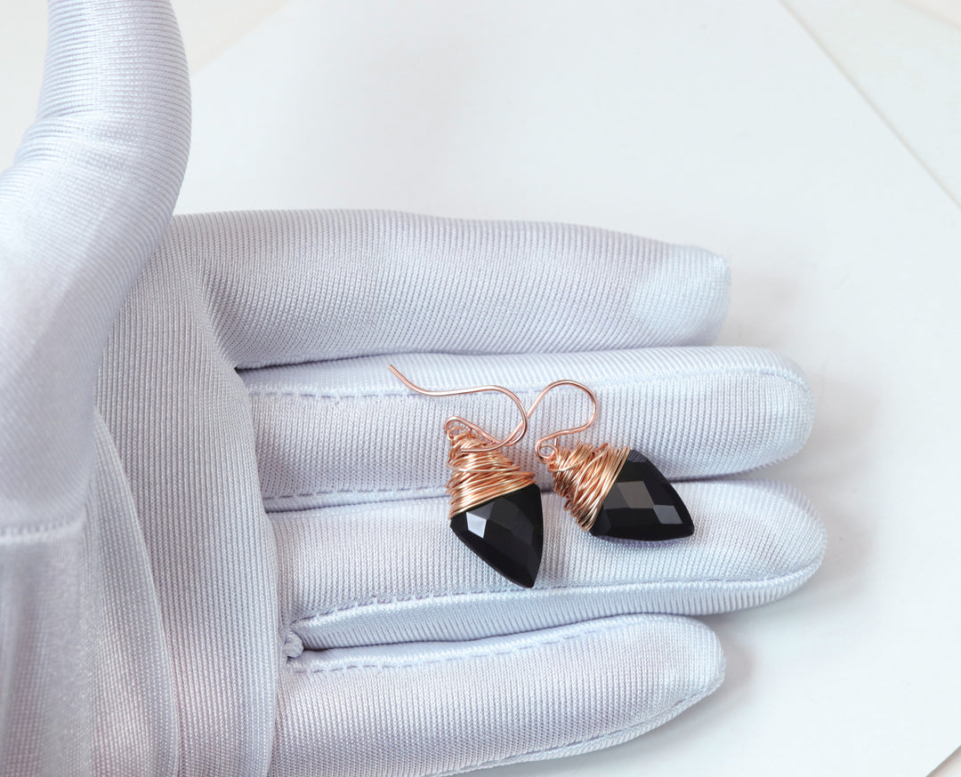 Black Onyx Earrings Sterling Silver or 14k Solid Gold or Filled Smooth Pointed Faceted Messy Wire Wrapped Drops Spyglass Designs