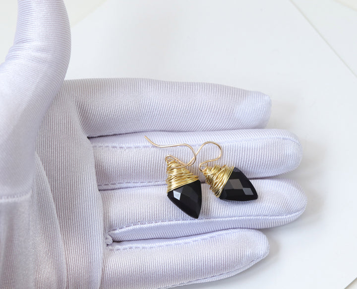 Black Onyx Earrings Sterling Silver or 14k Solid Gold or Filled Smooth Pointed Faceted Messy Wire Wrapped Drops Spyglass Designs