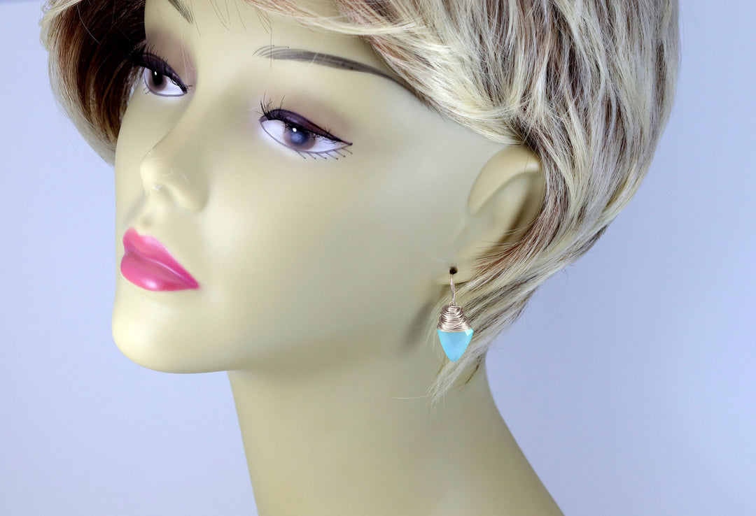 Aqua Blue Chalcedony Earrings 14k Solid Gold or Yellow or Rose Filled or Sterling Silver Teardrop Pointed Faceted Wire Wrapped Dangles