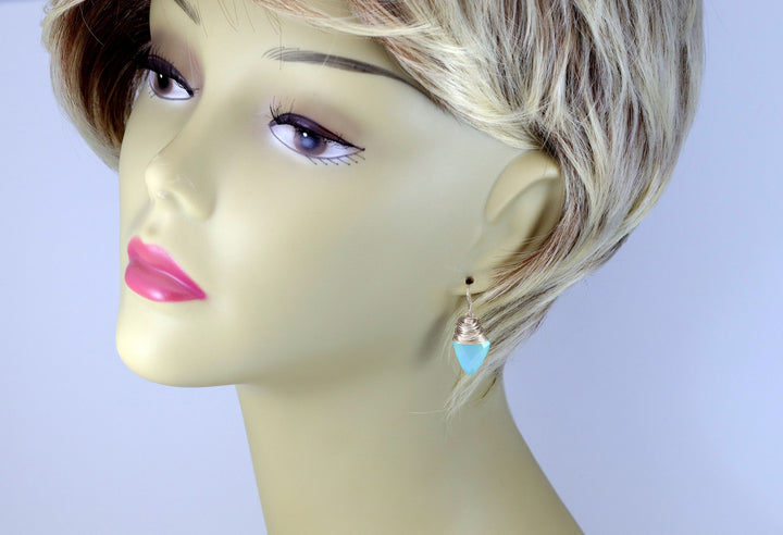 Aqua Blue Chalcedony Earrings 14k Solid Gold or Yellow or Rose Filled or Sterling Silver Teardrop Pointed Faceted Wire Wrapped Dangles