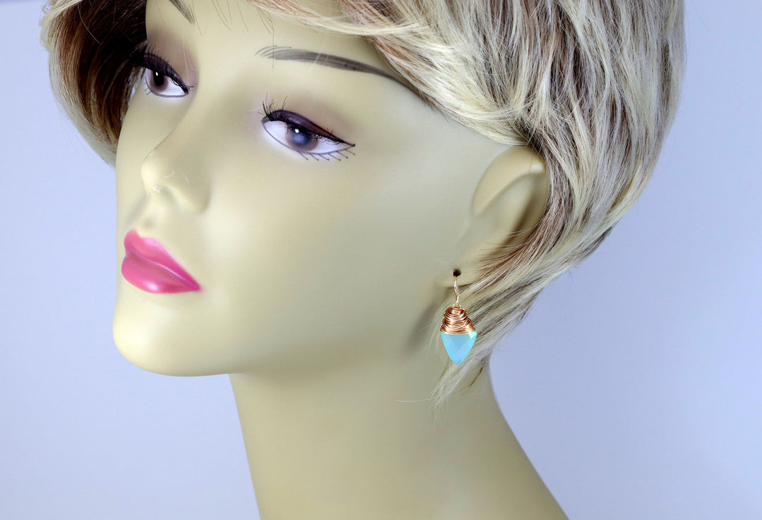 Aqua Blue Chalcedony Earrings 14k Solid Gold or Yellow or Rose Filled or Sterling Silver Teardrop Pointed Faceted Wire Wrapped Dangles