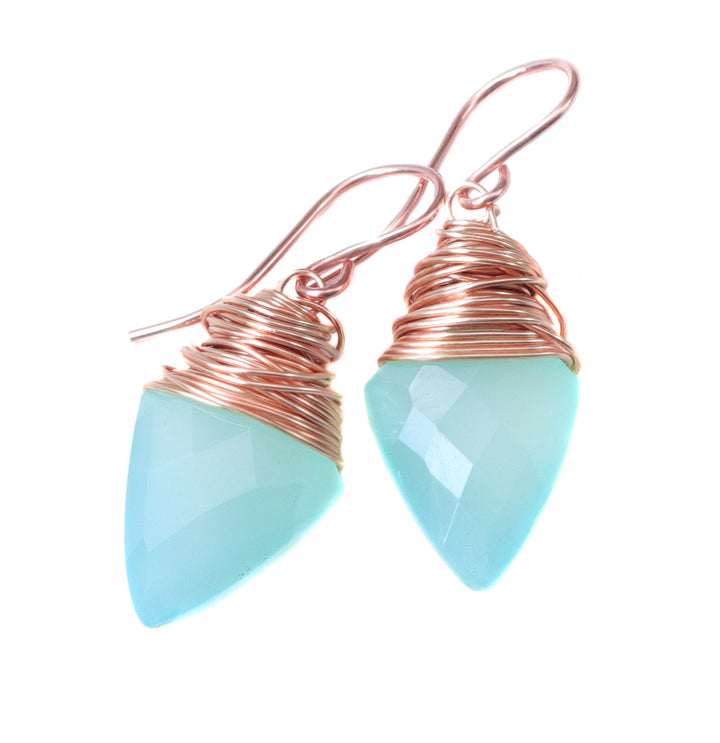 Aqua Blue Chalcedony Earrings 14k Solid Gold or Yellow or Rose Filled or Sterling Silver Teardrop Pointed Faceted Wire Wrapped Dangles
