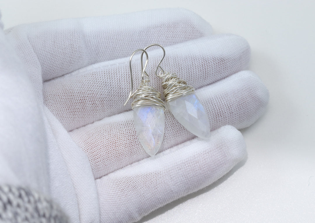 Rainbow Blue Moonstone Earrings 14k Solid Gold or Yellow or Rose Filled or Sterling Silver Faceted Wire Wrapped Teardrop Briolette Drops