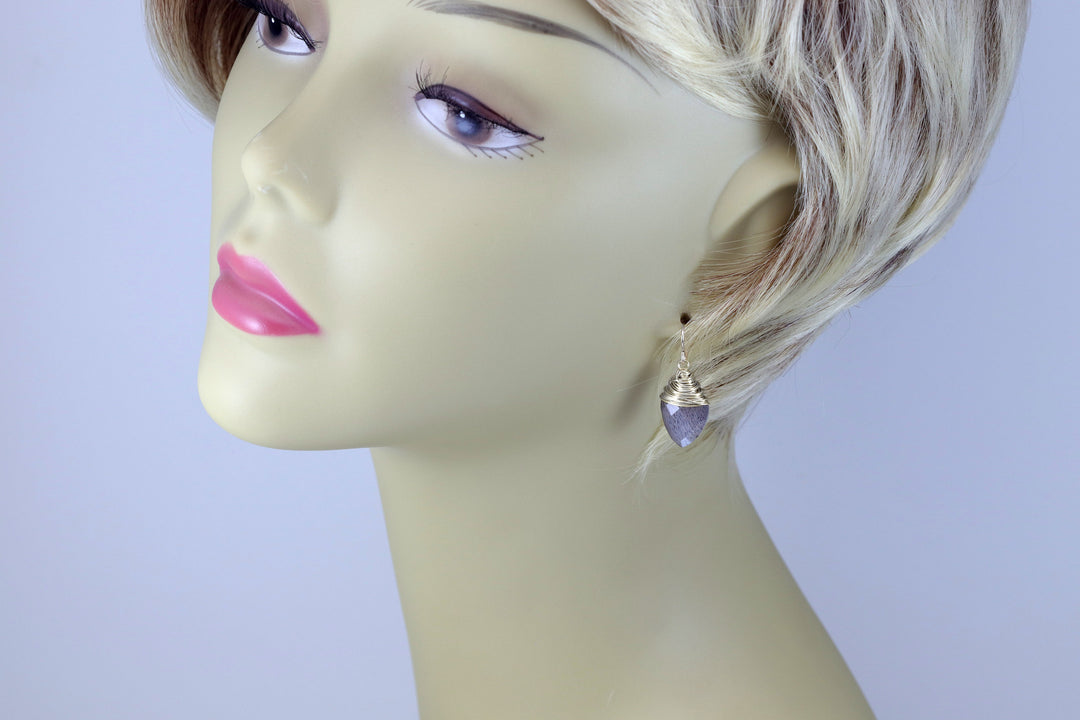 Gray Moonstone Earrings 14k Solid Gold or Yellow or Rose Filled or Sterling Silver Faceted Wire Wrapped  Grey Teardrop Briolette Drops