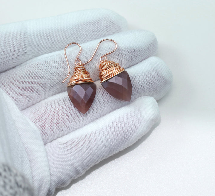Chocolate Moonstone Earrings 14k Solid Gold or Yellow or Rose Filled or Sterling Silver Faceted Wire Wrapped  Grey Teardrop Briolette Drops