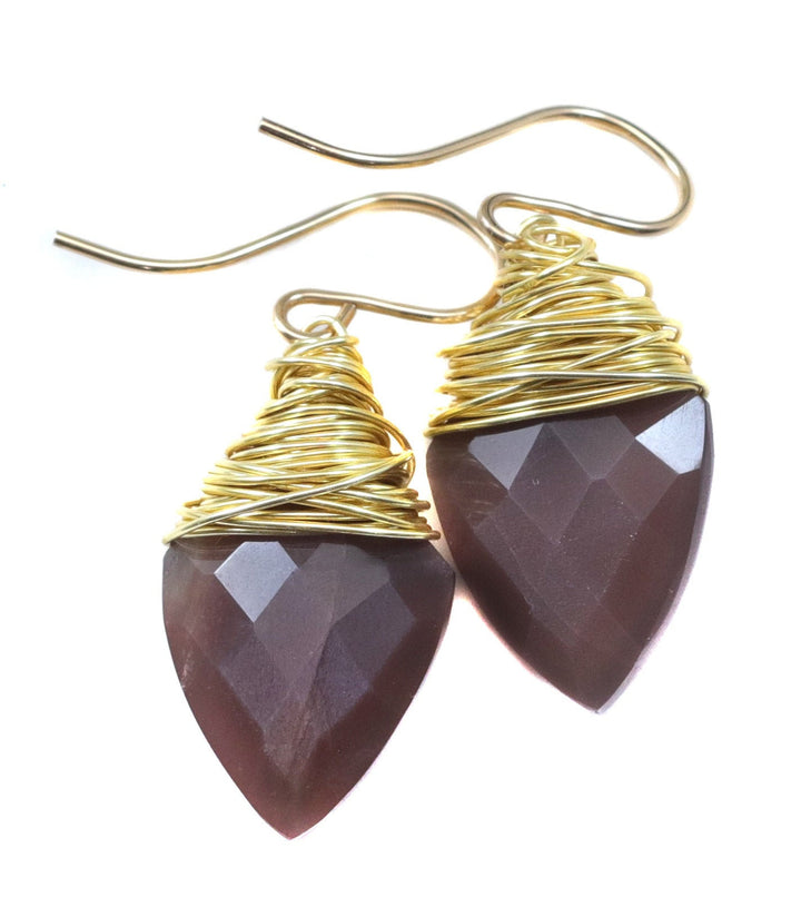 Chocolate Moonstone Earrings 14k Solid Gold or Yellow or Rose Filled or Sterling Silver Faceted Wire Wrapped  Grey Teardrop Briolette Drops