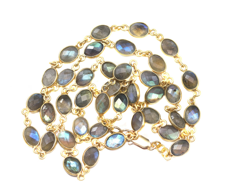 Labradorite Necklace  Bezel Set Oval Shaped Faceted Cut  Link 14k Gold Plate Necklace 24 Inch AAA Blue Flash Cut Contemporary Design