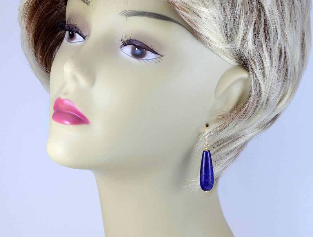 Lapis Lazuli Earrings Natural Smooth Long Teardrop Dangle 14k solid gold or 14k Gold Filled Sterling Silver Rounded Spyglass Designs Pyrite