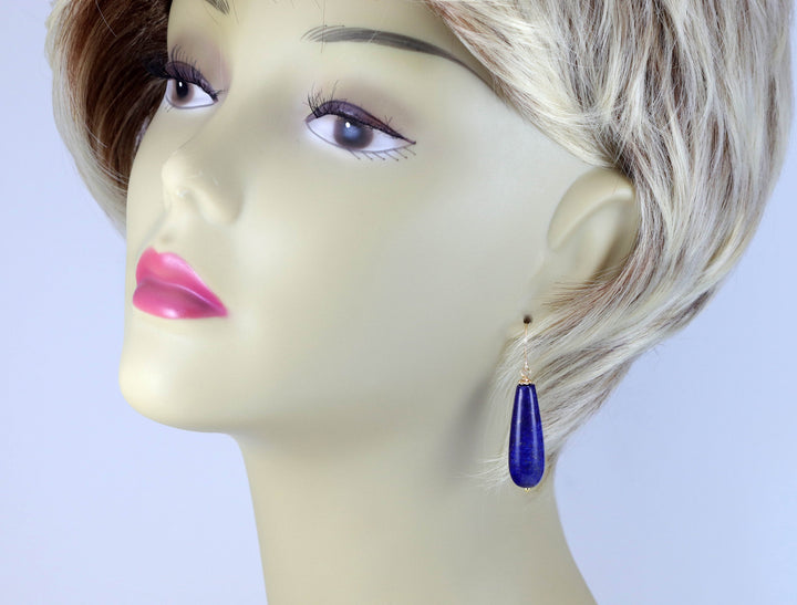 Lapis Lazuli Earrings Natural Smooth Long Teardrop Dangle 14k solid gold or 14k Gold Filled Sterling Silver Rounded Spyglass Designs Pyrite